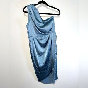 Women's One Shoulder Dress Sz L Dusty Blue Silky Midi Wedding Guest Sexy  Slit